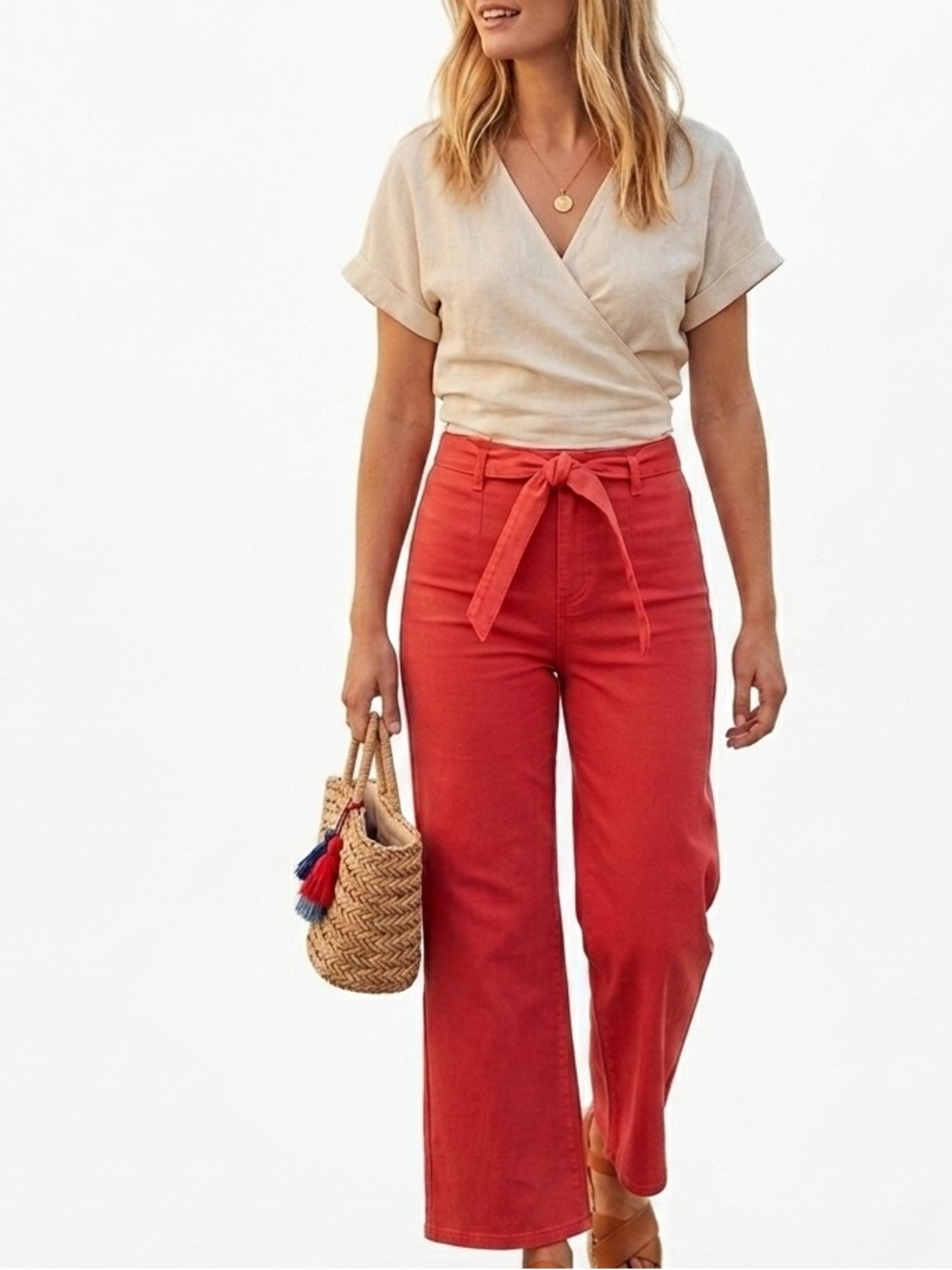 Draper James Red Cropped Wide Leg Tie-Waist Pants Size 14